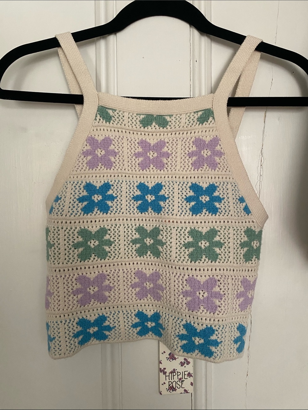 Hippie Rose Cream Crochet Floral Tank Top in Lavender, Teal & Sage